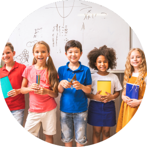 5 multiracial elementary students holding school supplies